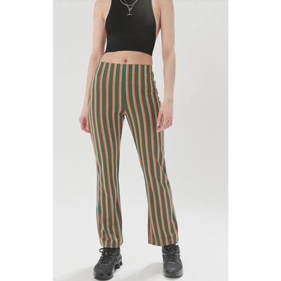 Urban Outfitters Pants - Urban Outfitters Cara High Waisted Stripe Kick Flare Pant 70s Green Brown Stripe